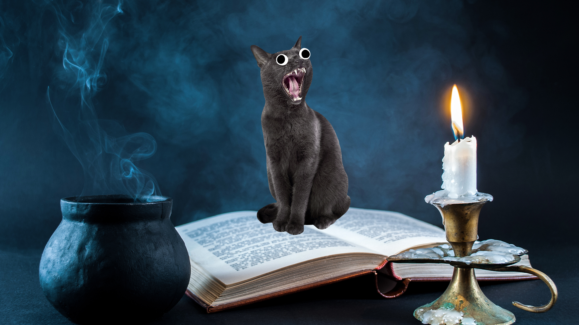 Cauldron, candle and screaming Beano cat