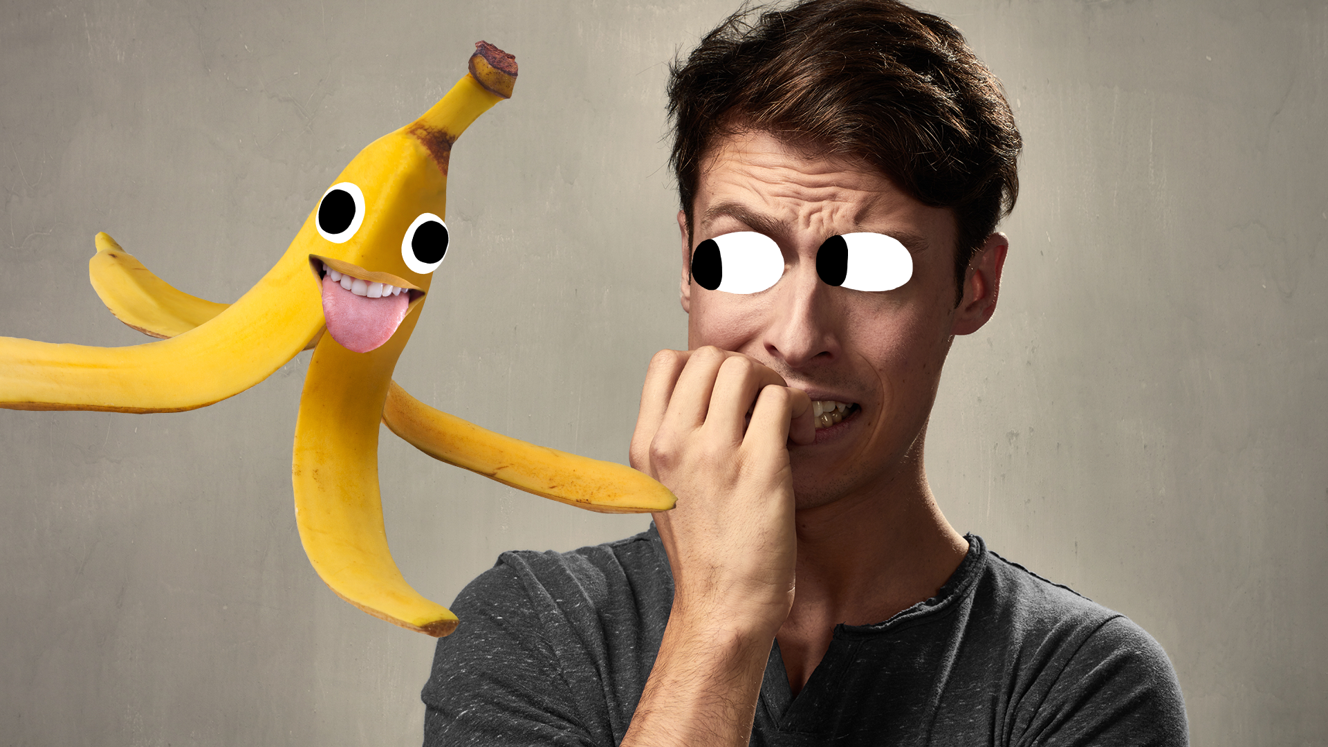 Man looking scared of banana peel