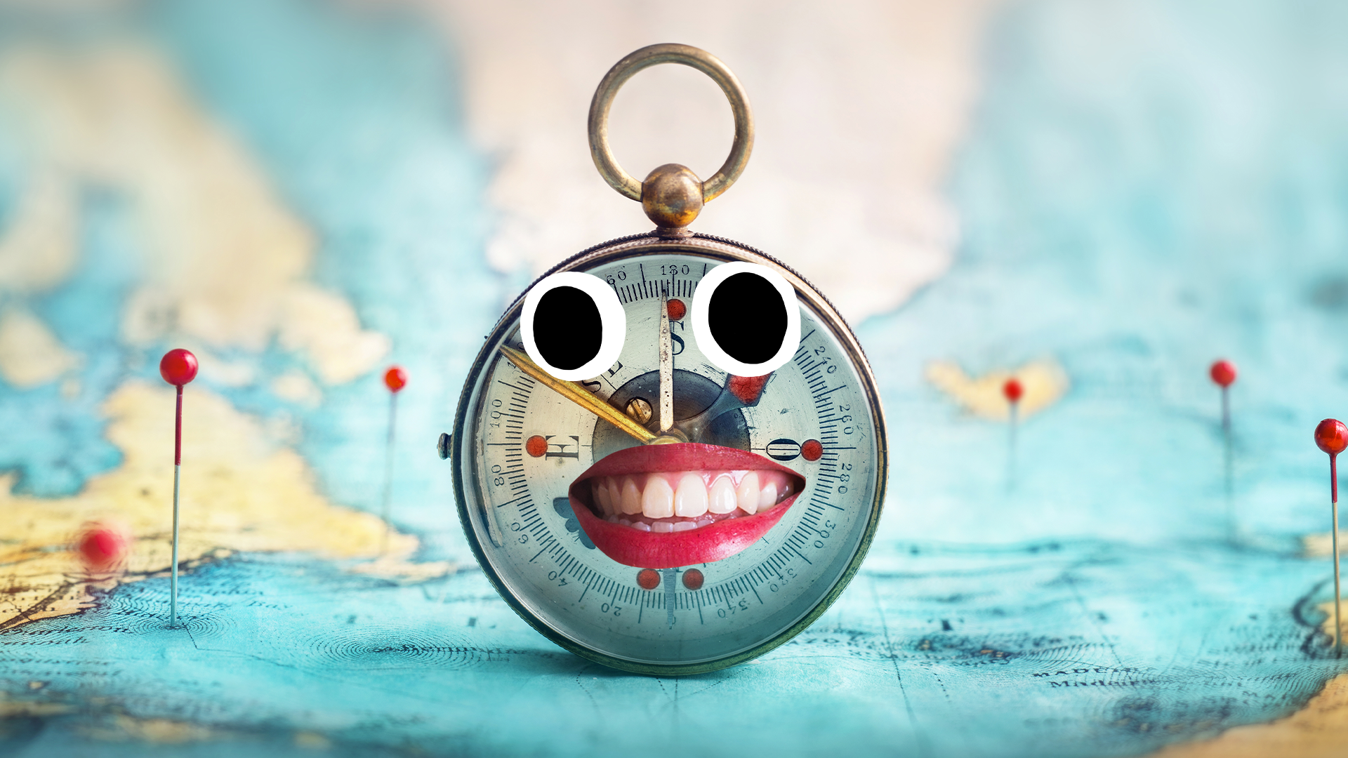 Map and compass with silly face