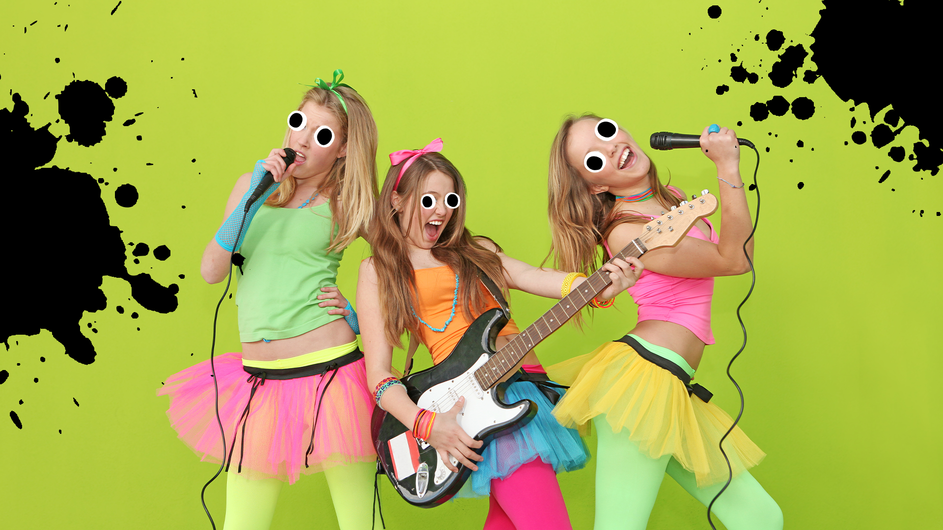 Girl band on green background with splats 