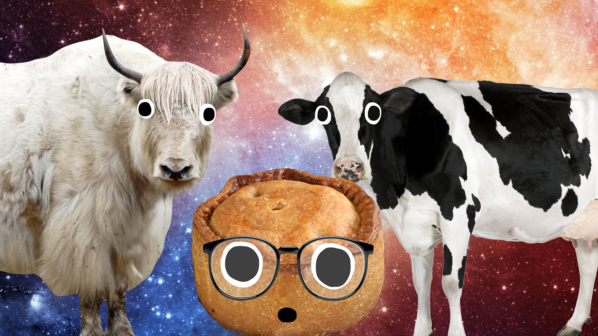 Beano animals and pie on space background