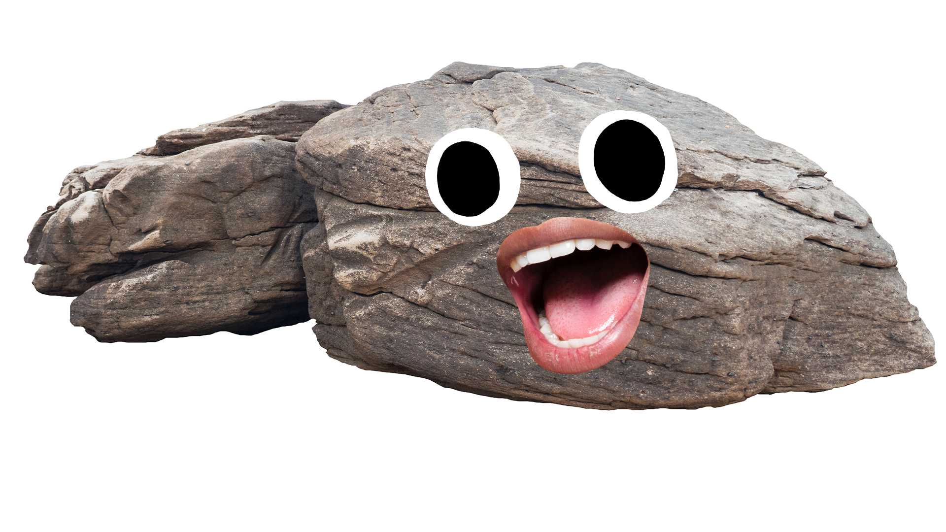 Rock with a goofy face on white background