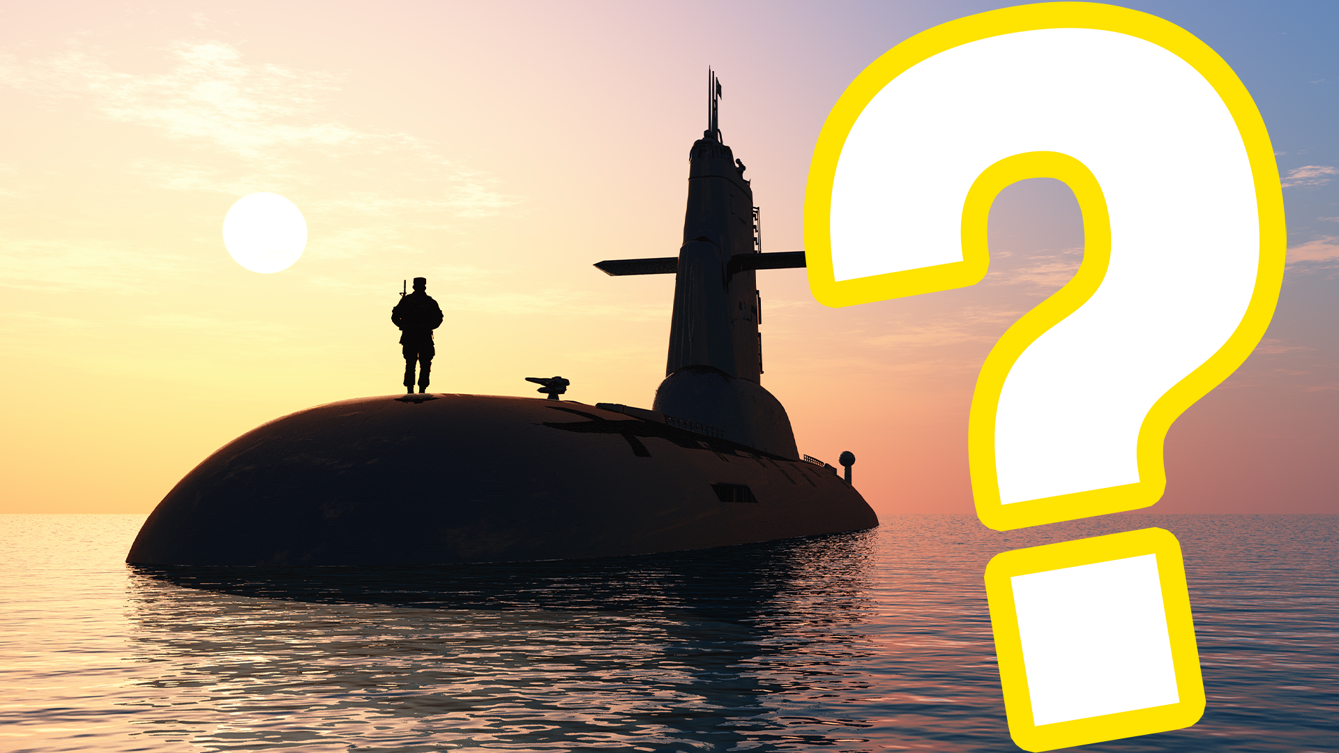 Submarine in the sunset with question mark