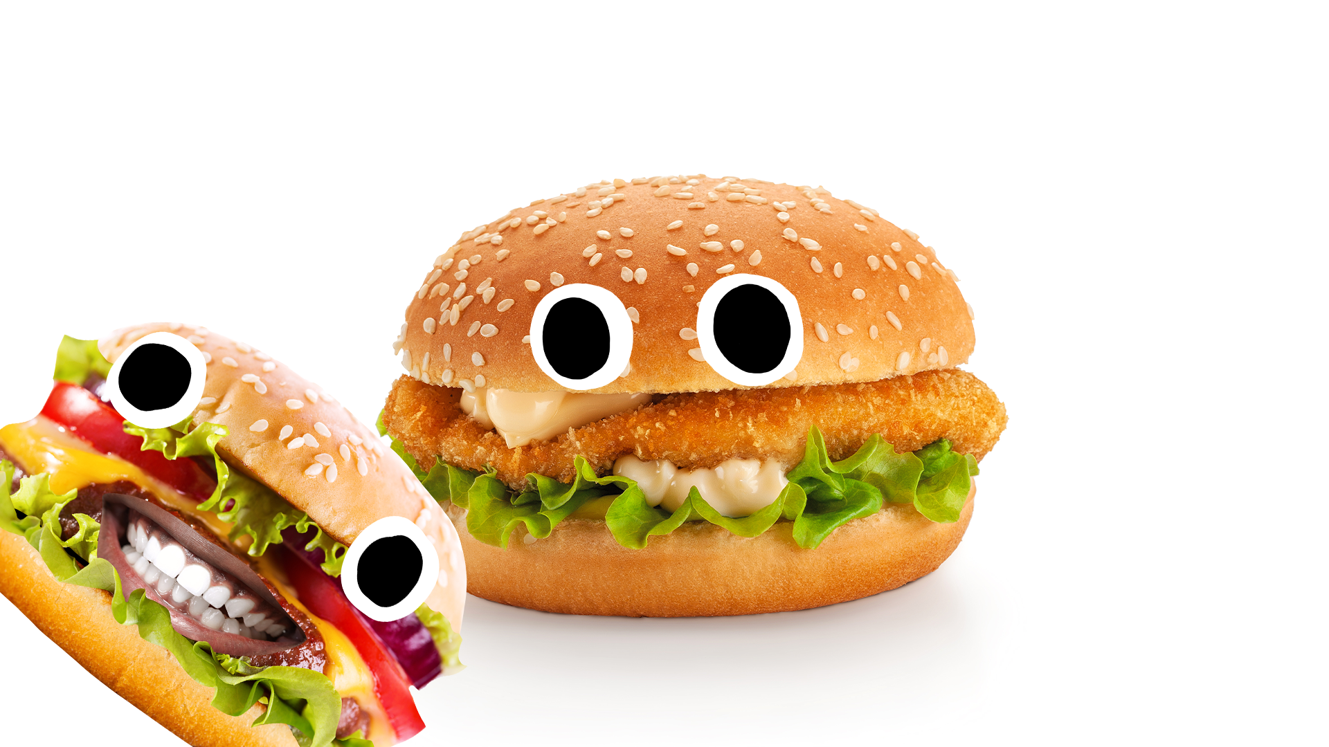 Two burgers with silly faces on white background