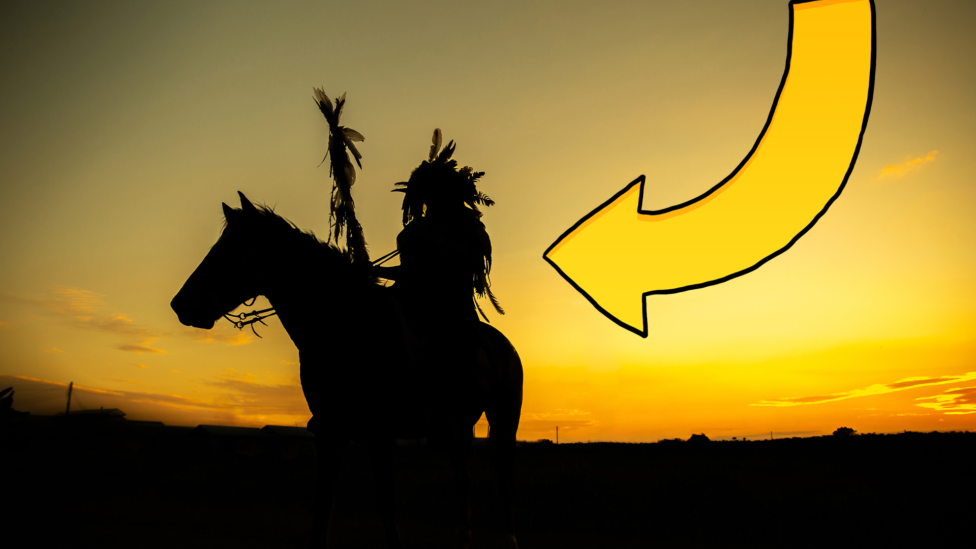 Person on horse in sunset with arrow