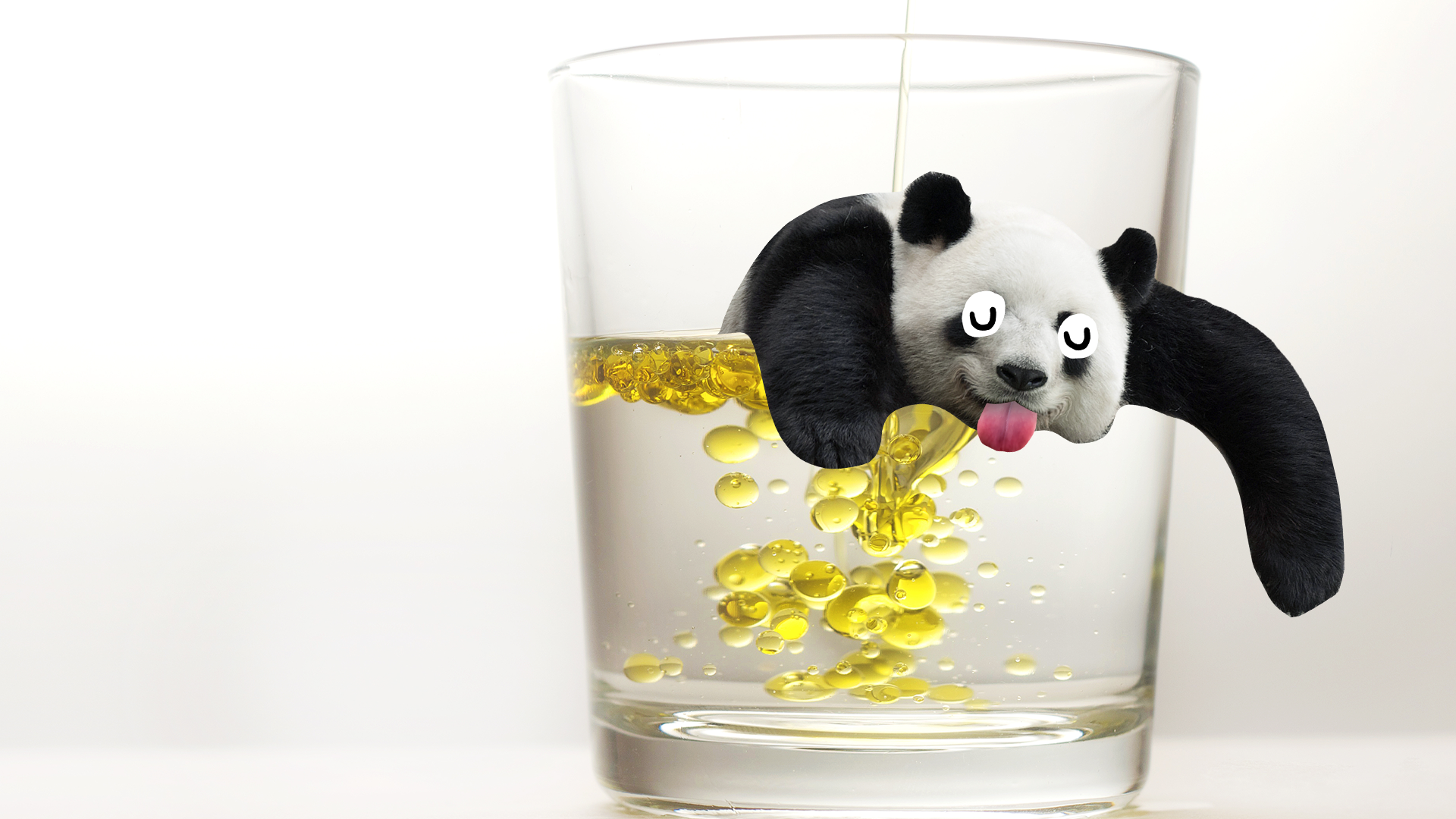 Glass of oil and water with derpy panda on white background
