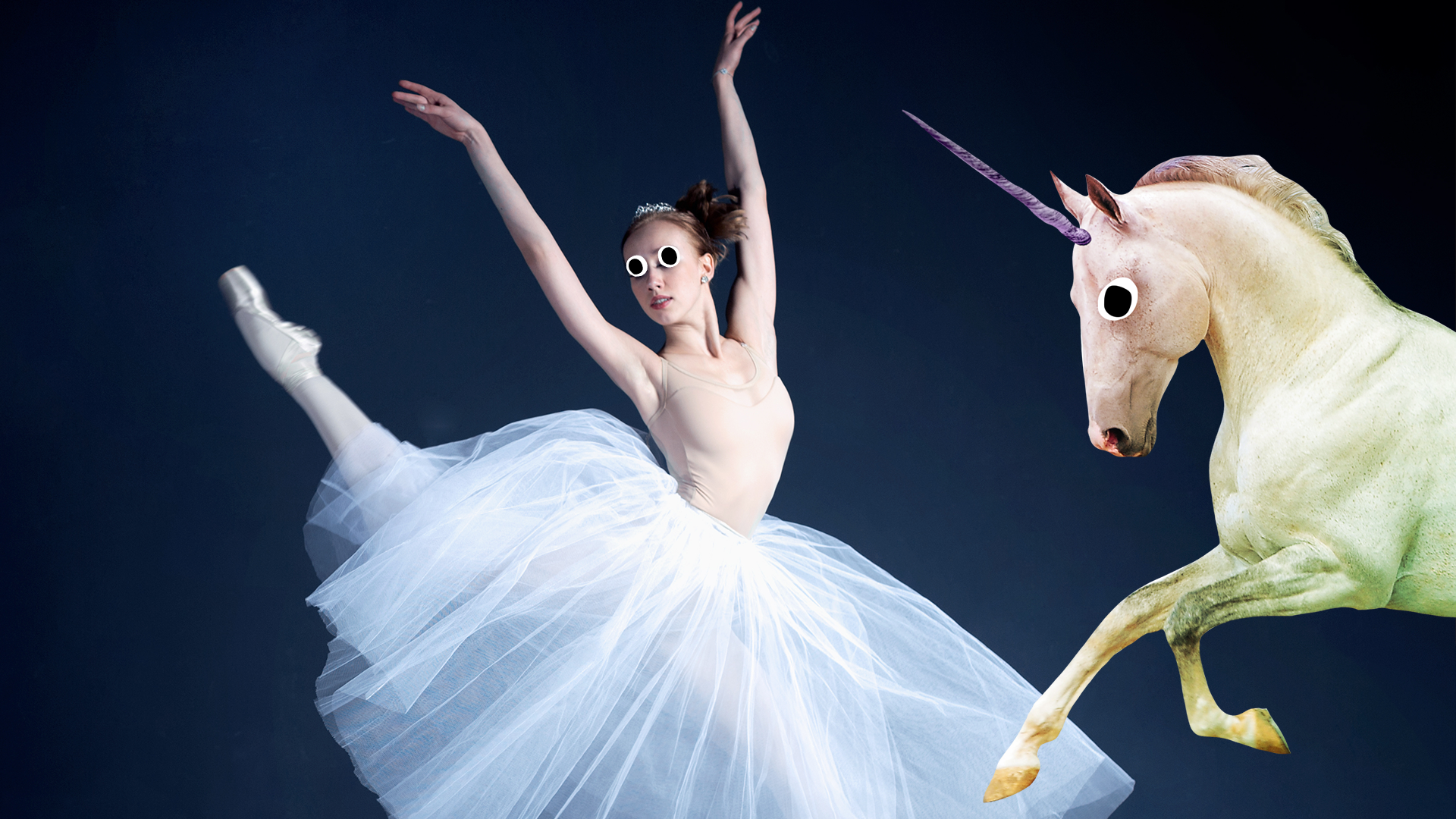 Ballerina on dark background with Beano unicorn
