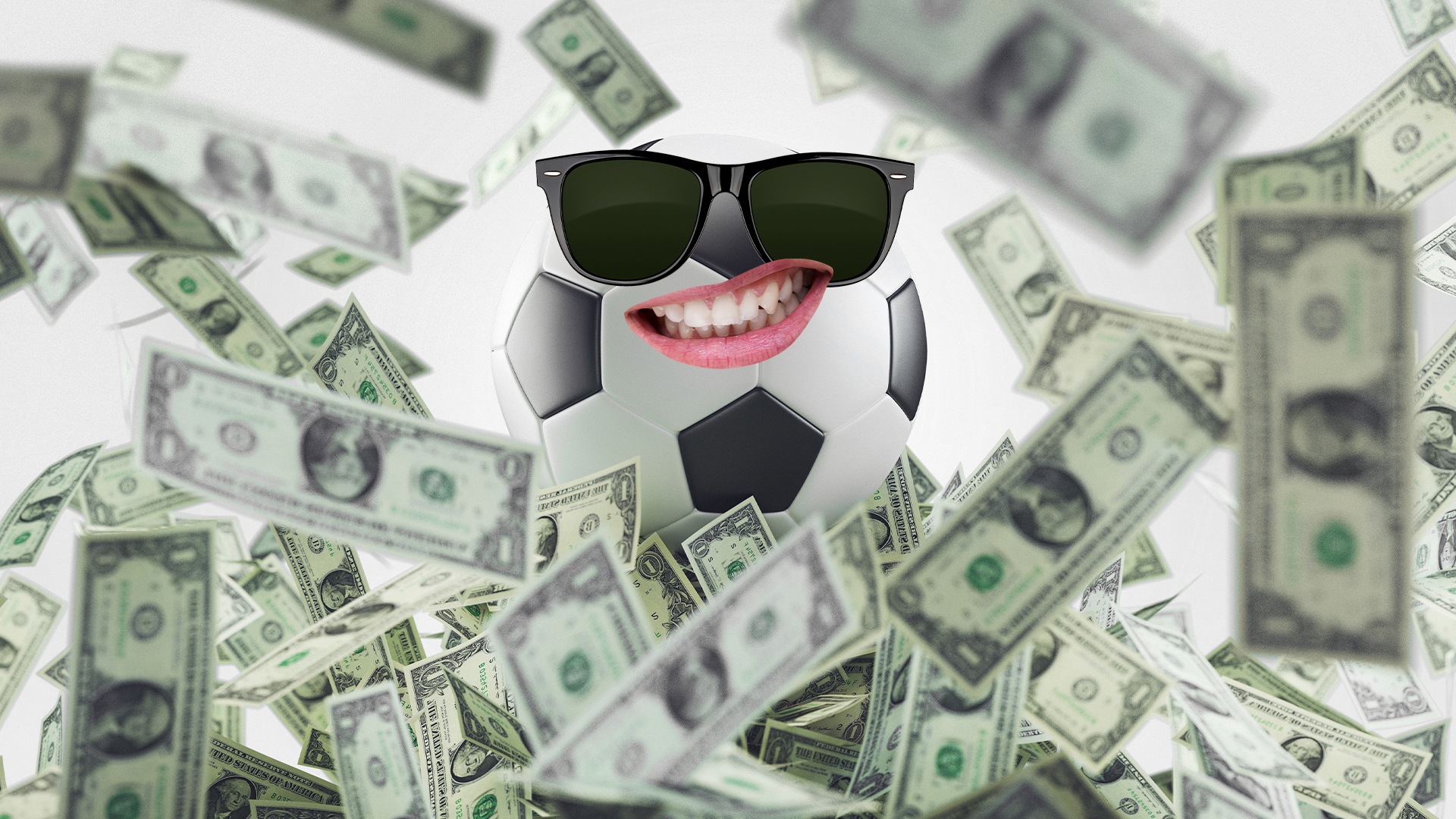 Football in sunglasses surrounded by money