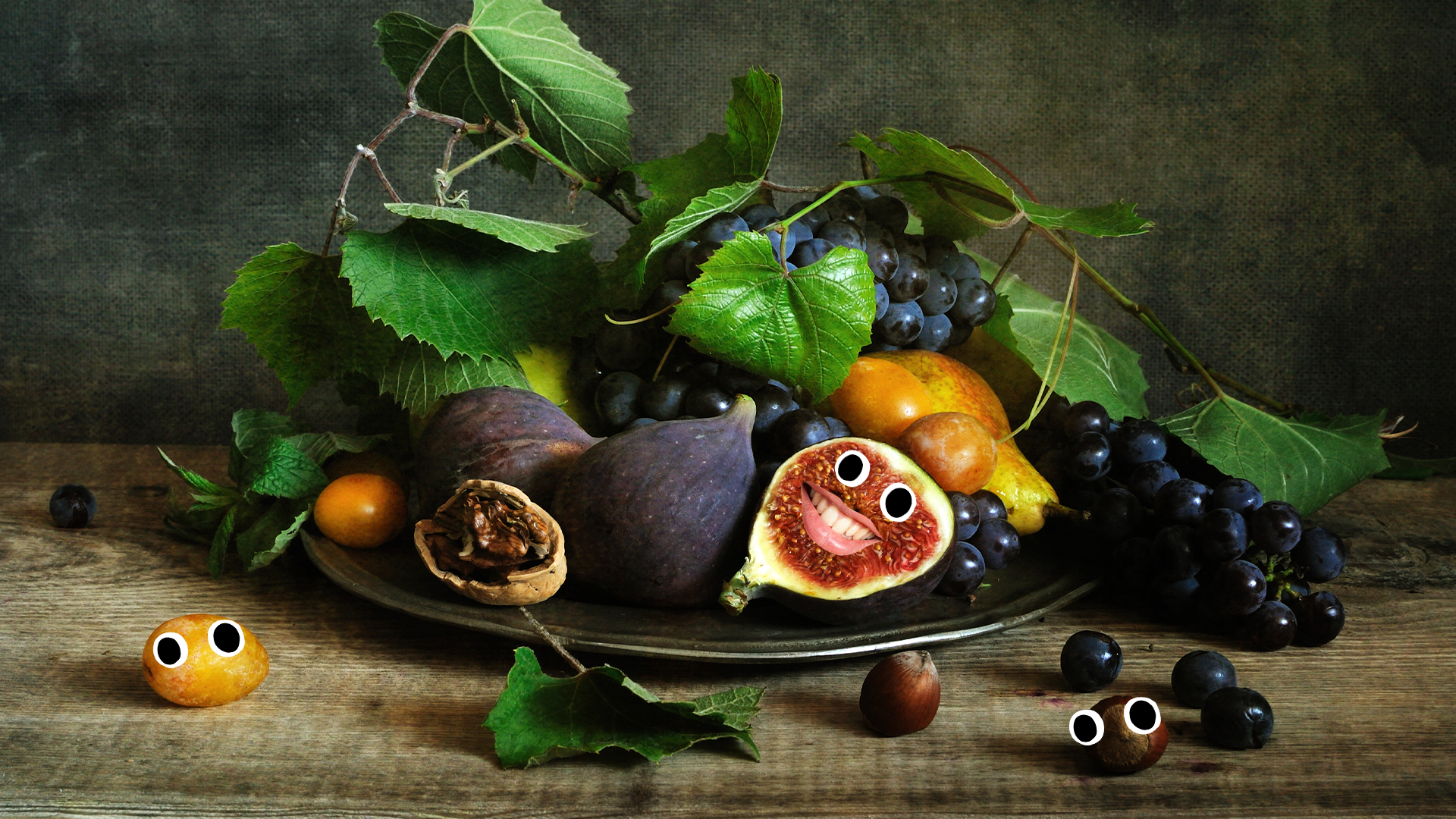 Bowl of fruit and flowers with eyes