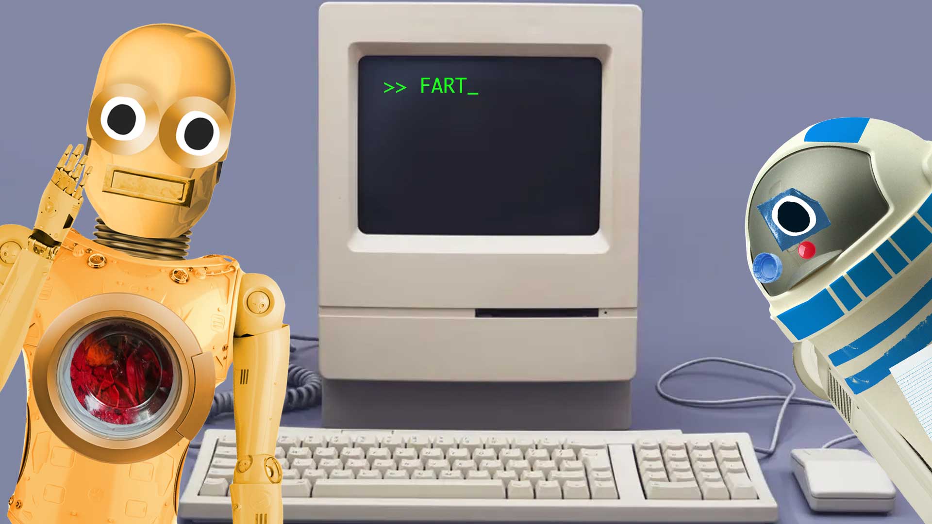 Space film characters surround an old computer