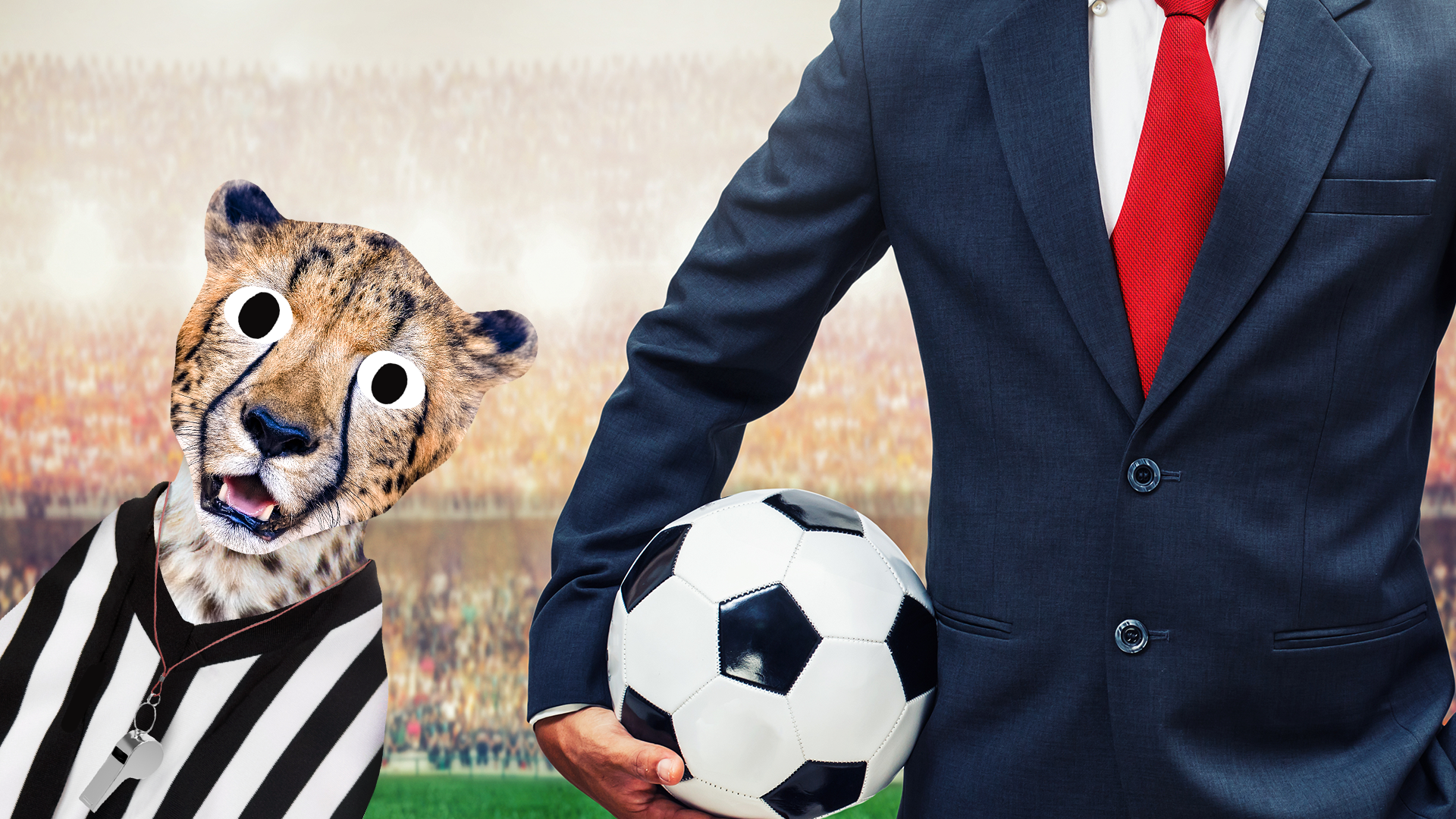 Man in suit with football and referee cheetah