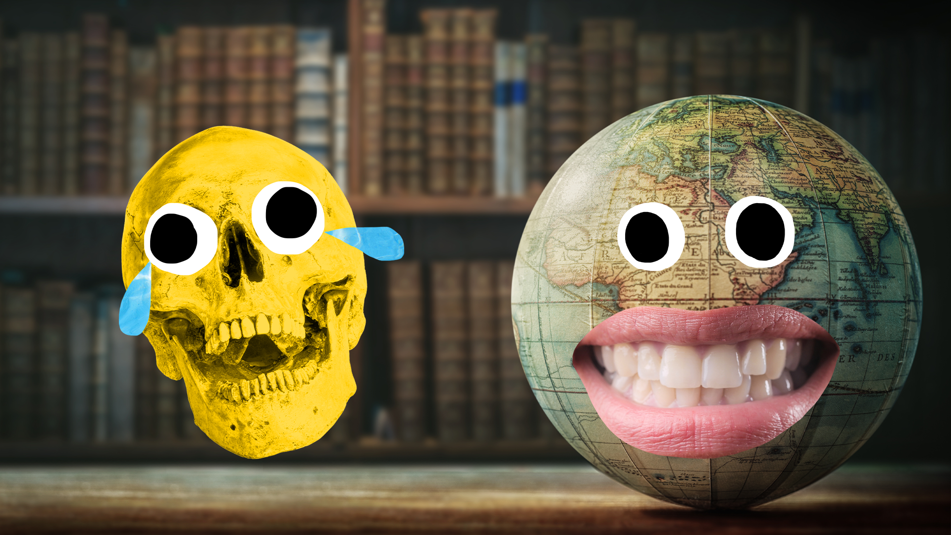 Beano skull, books and globe with face