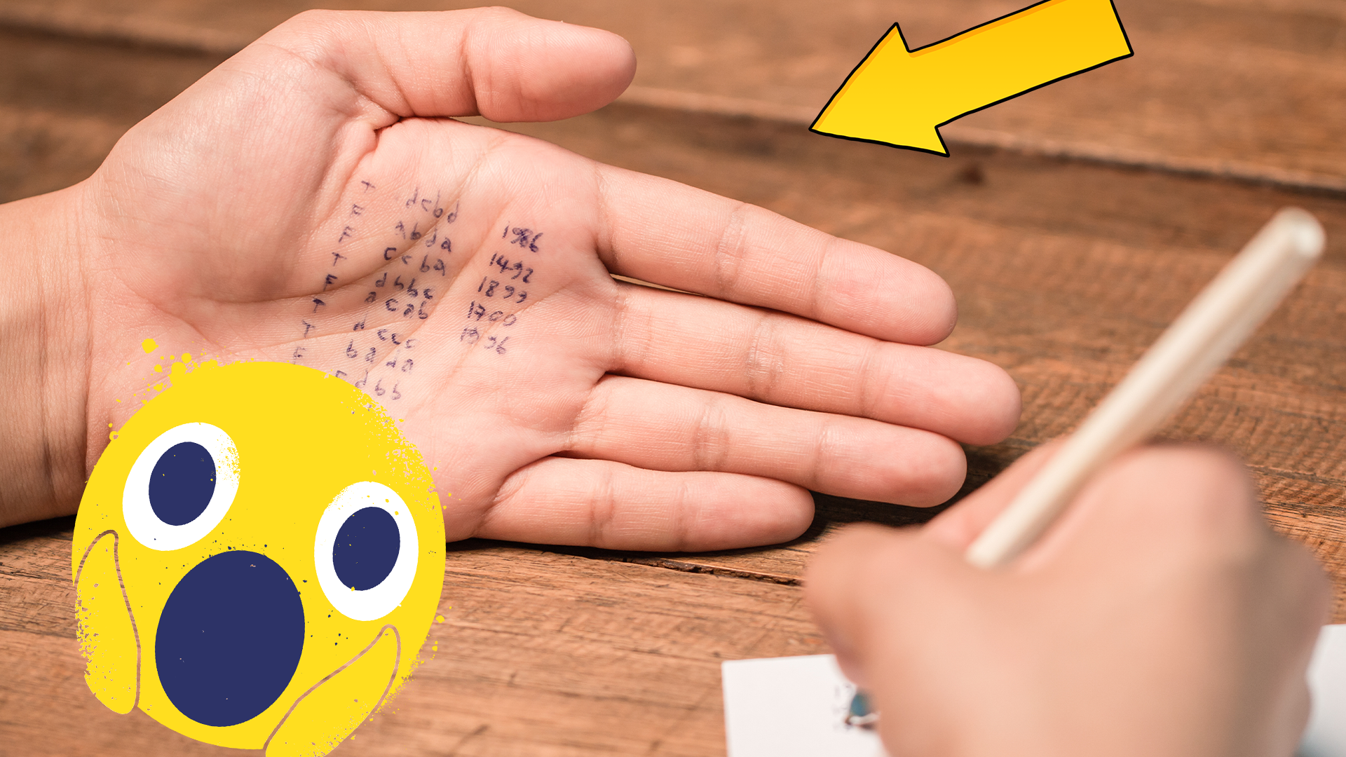 Someone writing with writing on their hand and a shocked emoji