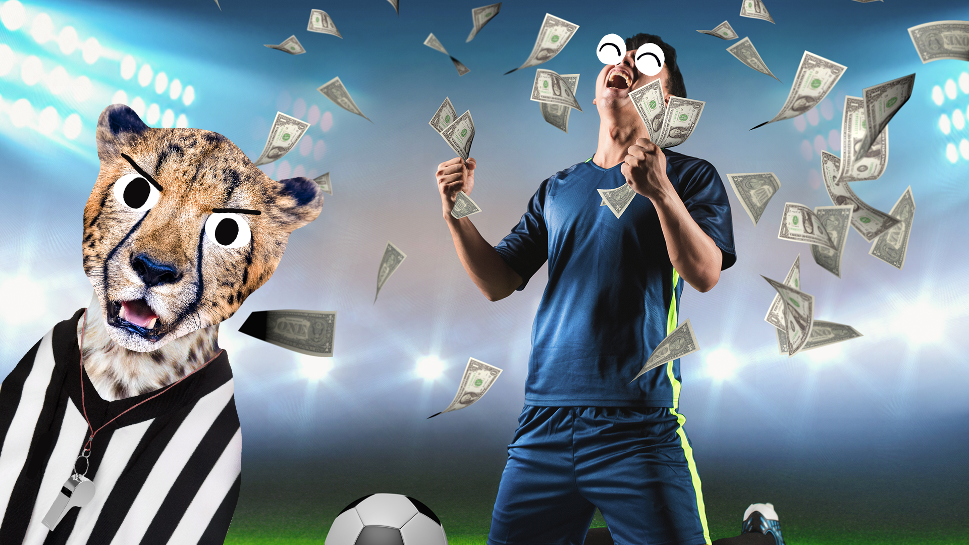 Footballer with lots of money and referee cheetah