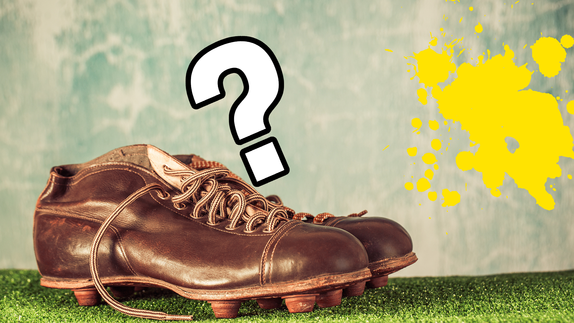 Old football boots with question mark and splat