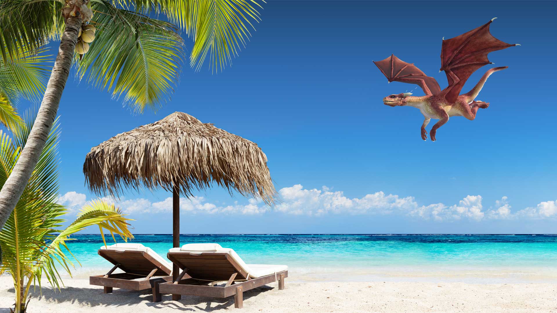 A dragon flying over a sandy beach