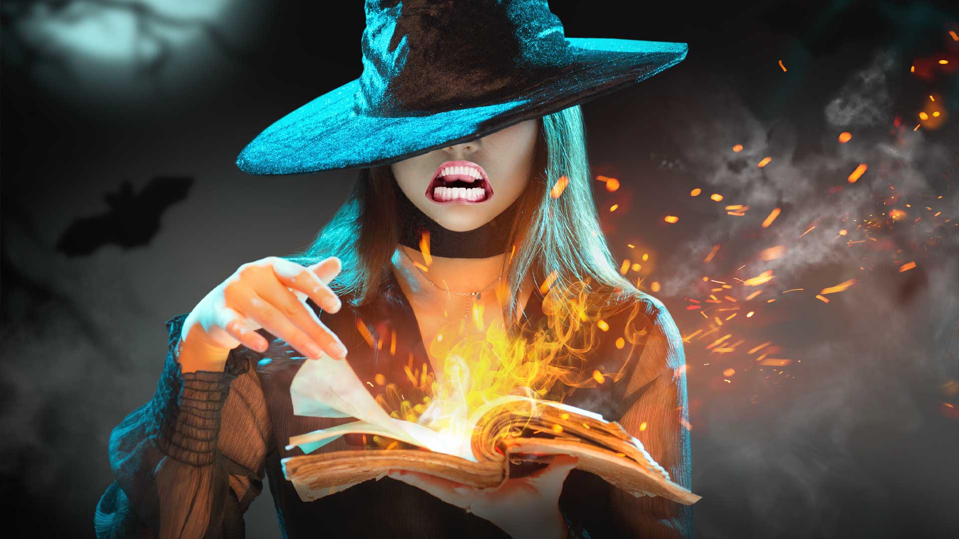 A witch looking at a burning spell book