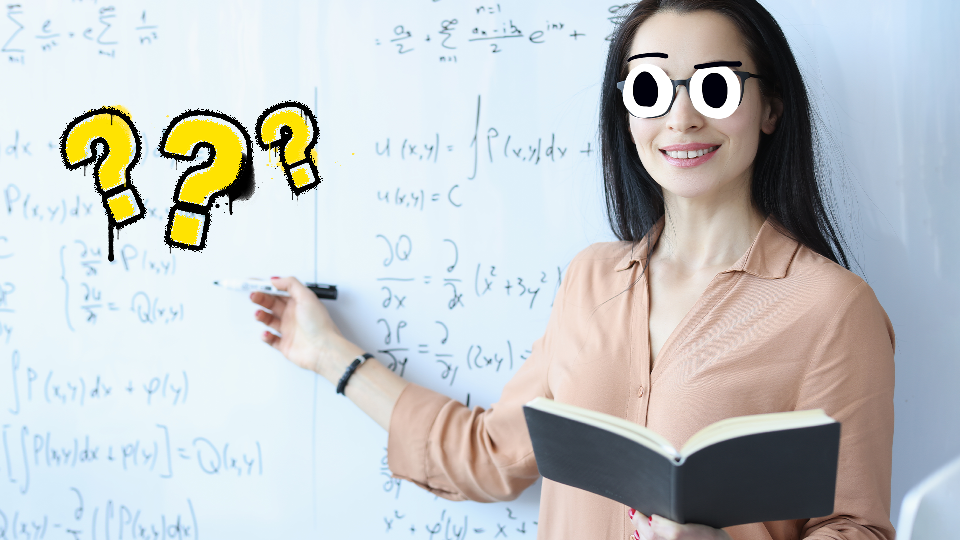 Woman pointing to whiteboard with question marks 