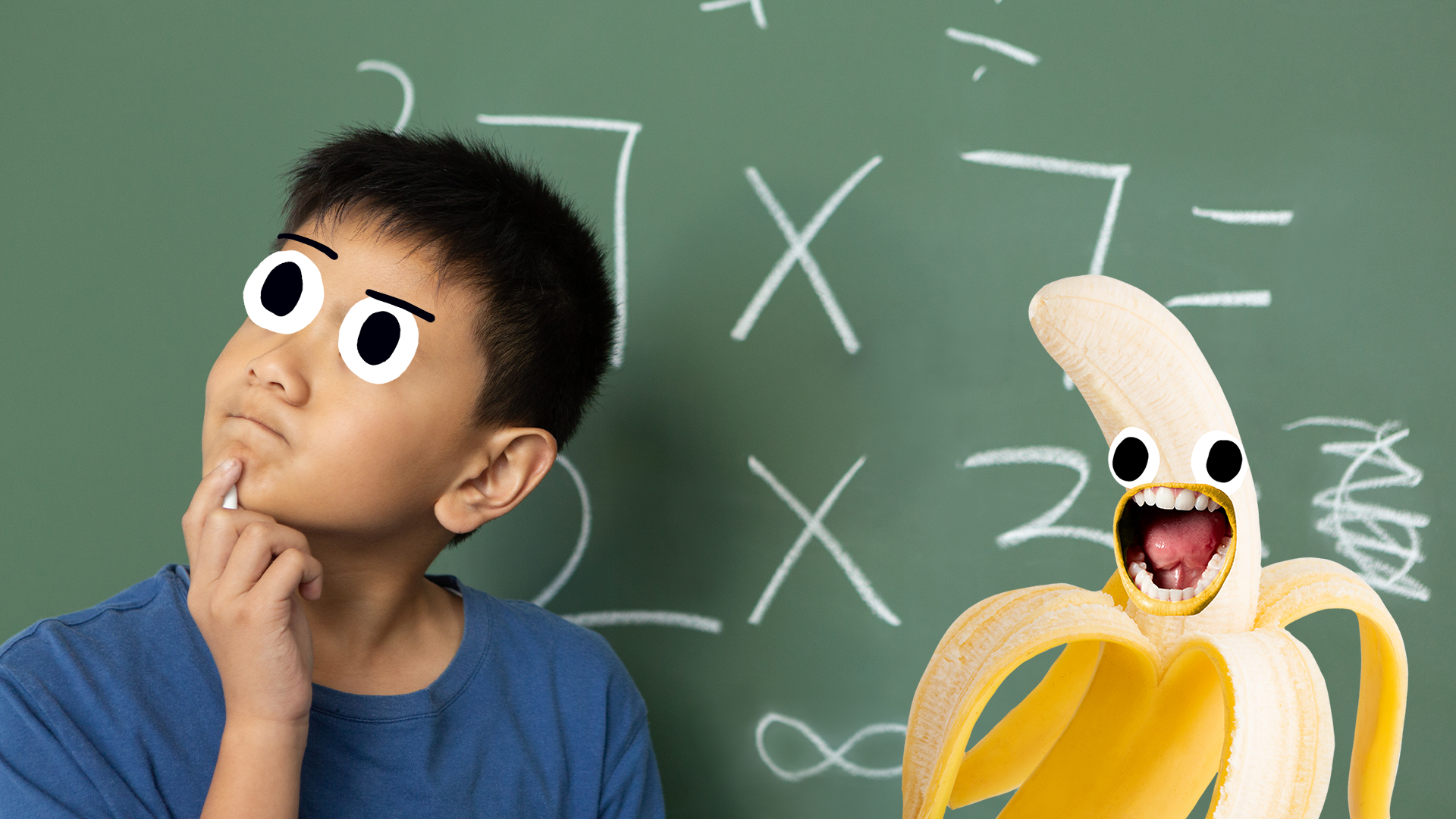 Puzzled looking boy in front of blackboard with screaming Beano banana 