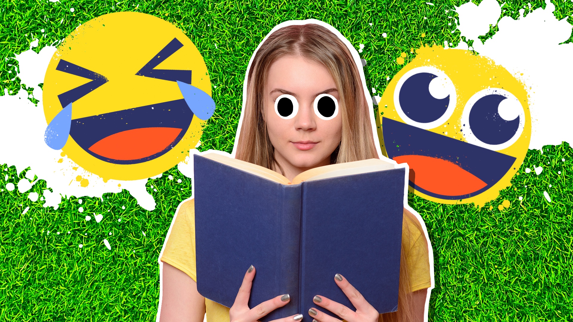 A woman reading a book surrounded by laughing emojis