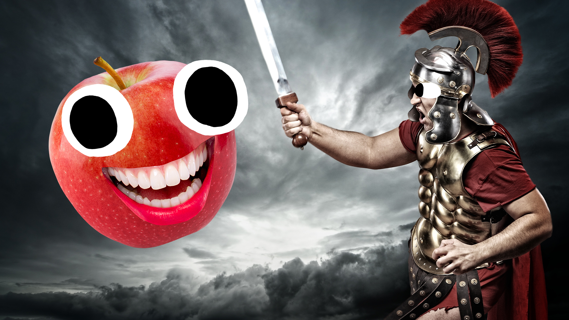 Roman soldier attacking goofy apple