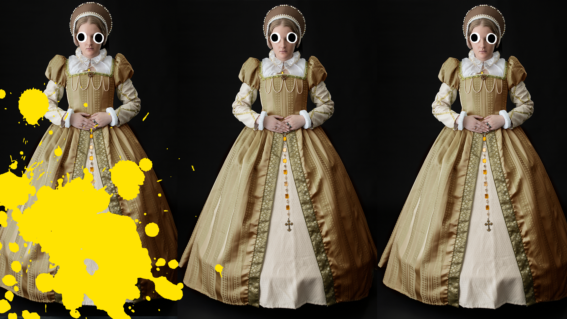 Three Tudor women and yellow splat