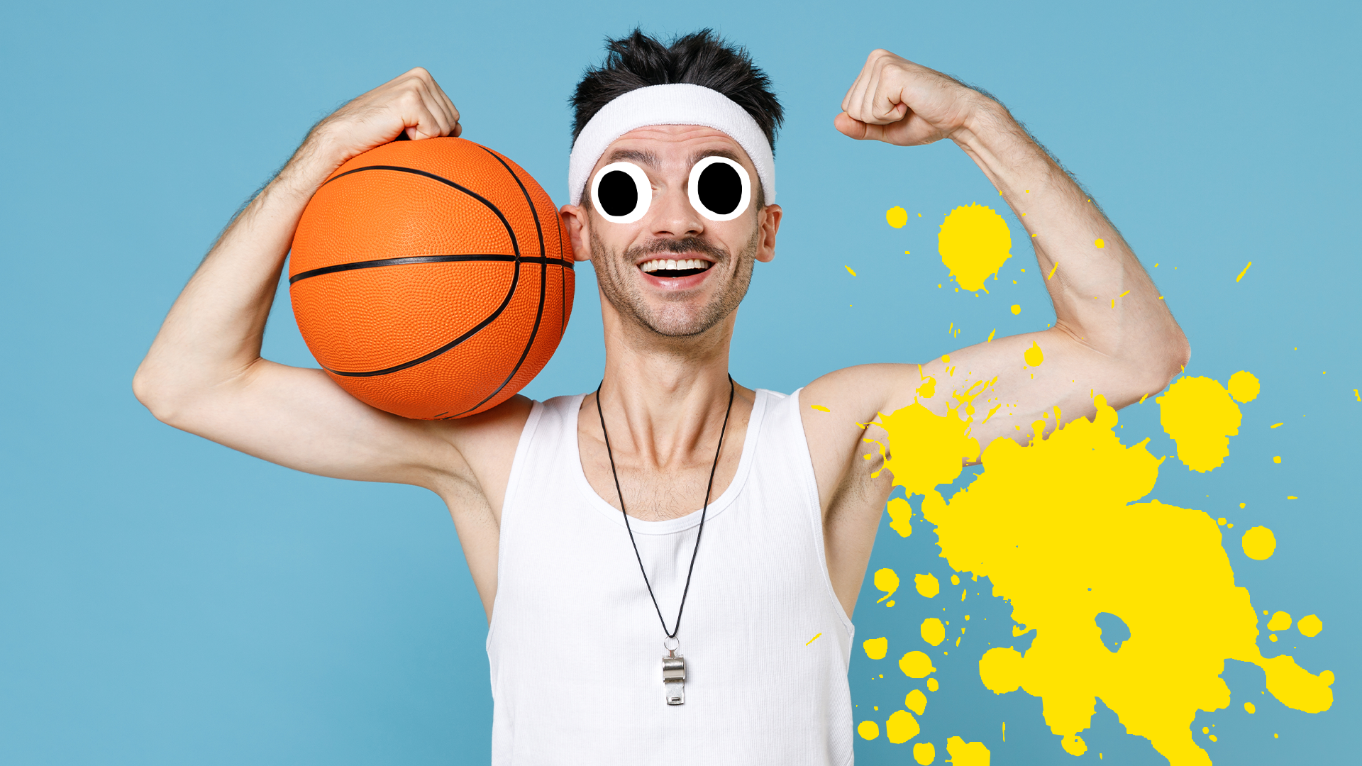 Man with basketball on blue background with splat