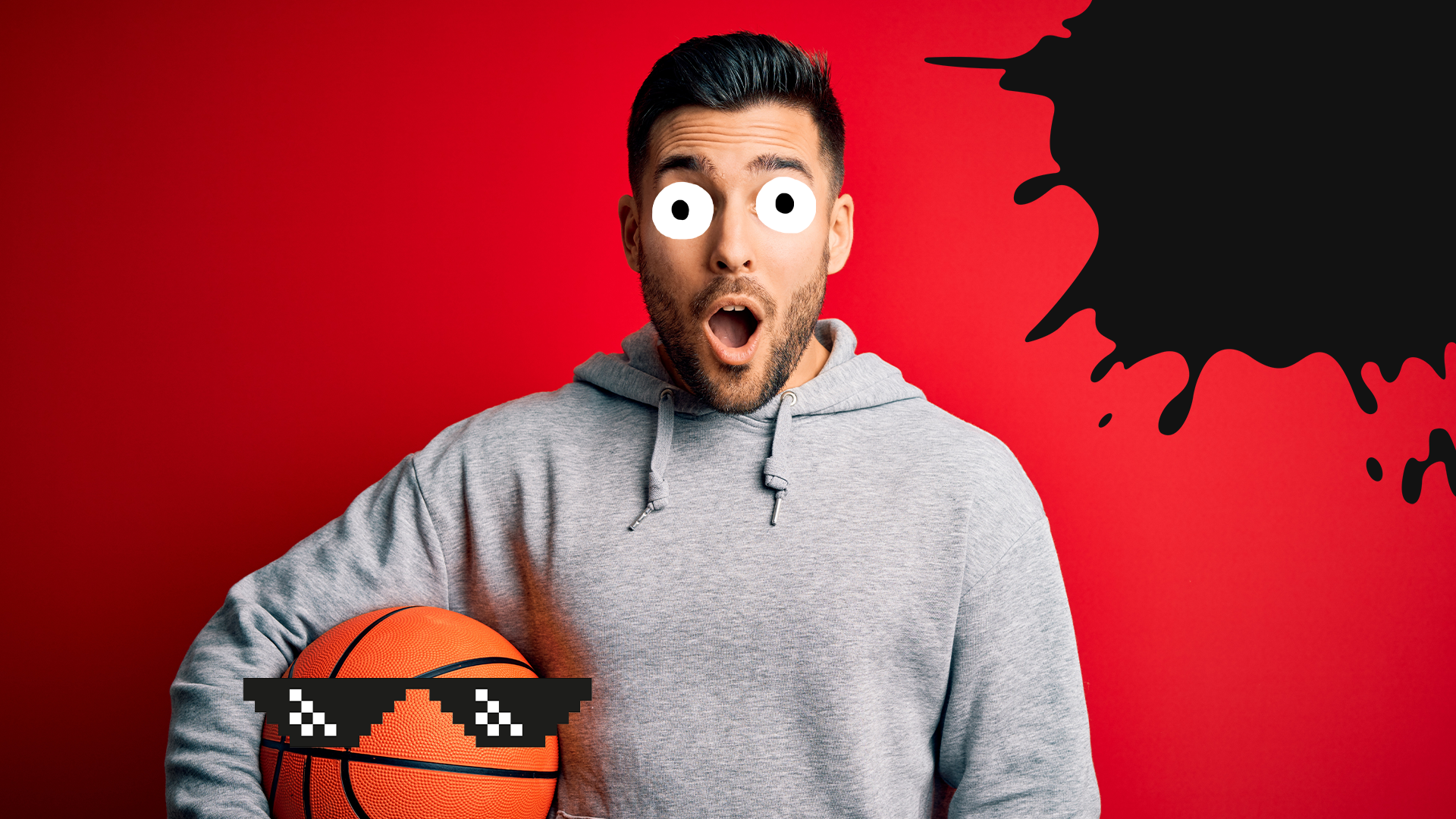 Surprised man with basketball in sunglasses on red background with splat 