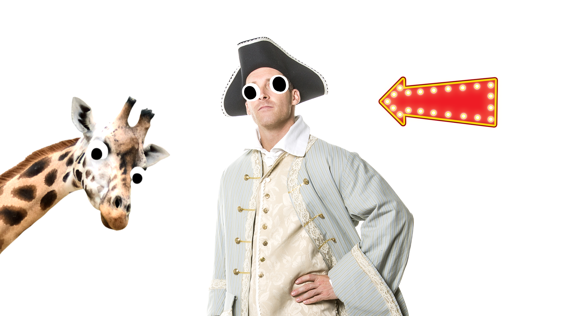 Man in Georgian clothes on white background with goofy giraffe and arrow
