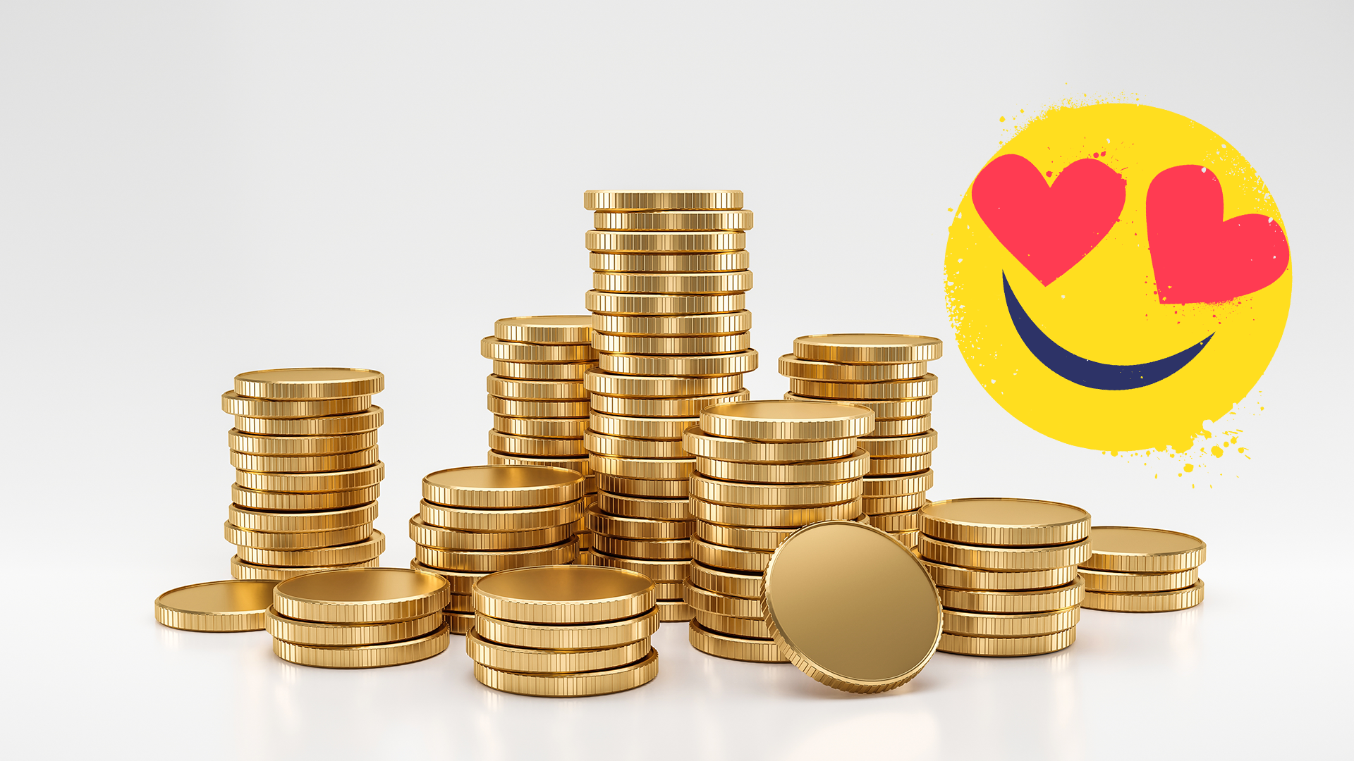 Heap of gold coins and heart-eyes emoji on white background 