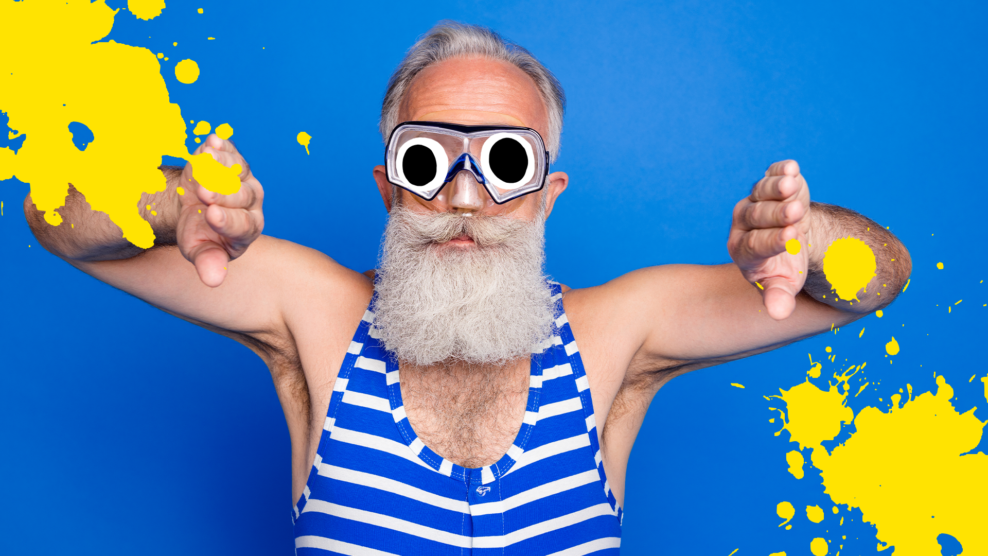 Man in old fashioned swimming costume on blue background with yellow splats