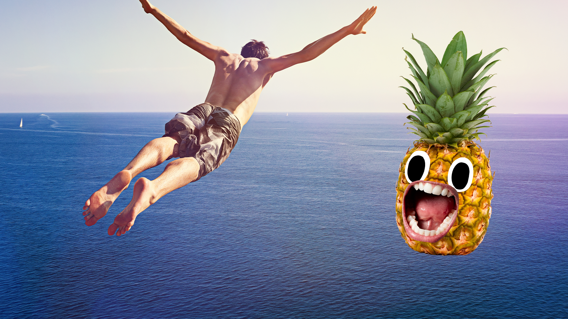 Man diving into sea with derpy pineapple 