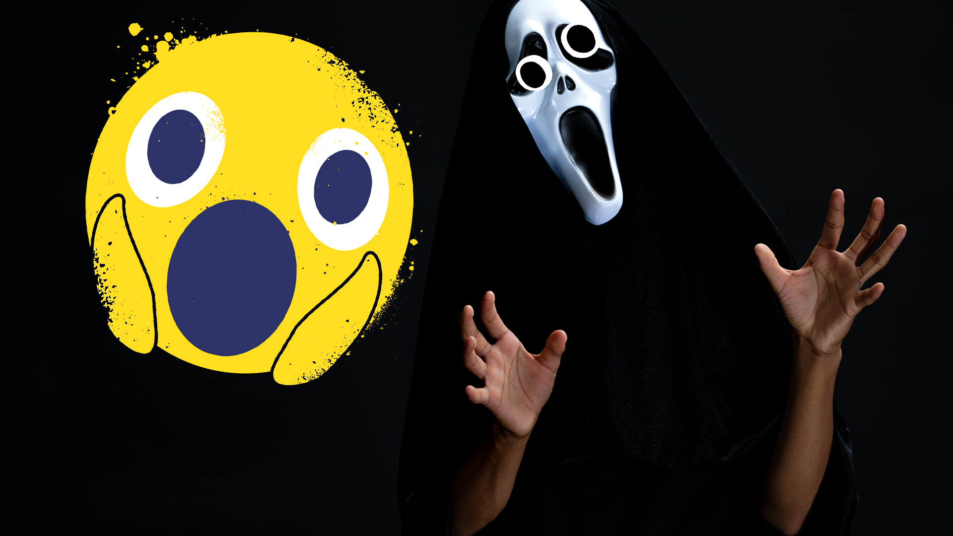Scary ghoul and screaming emoji on black background 