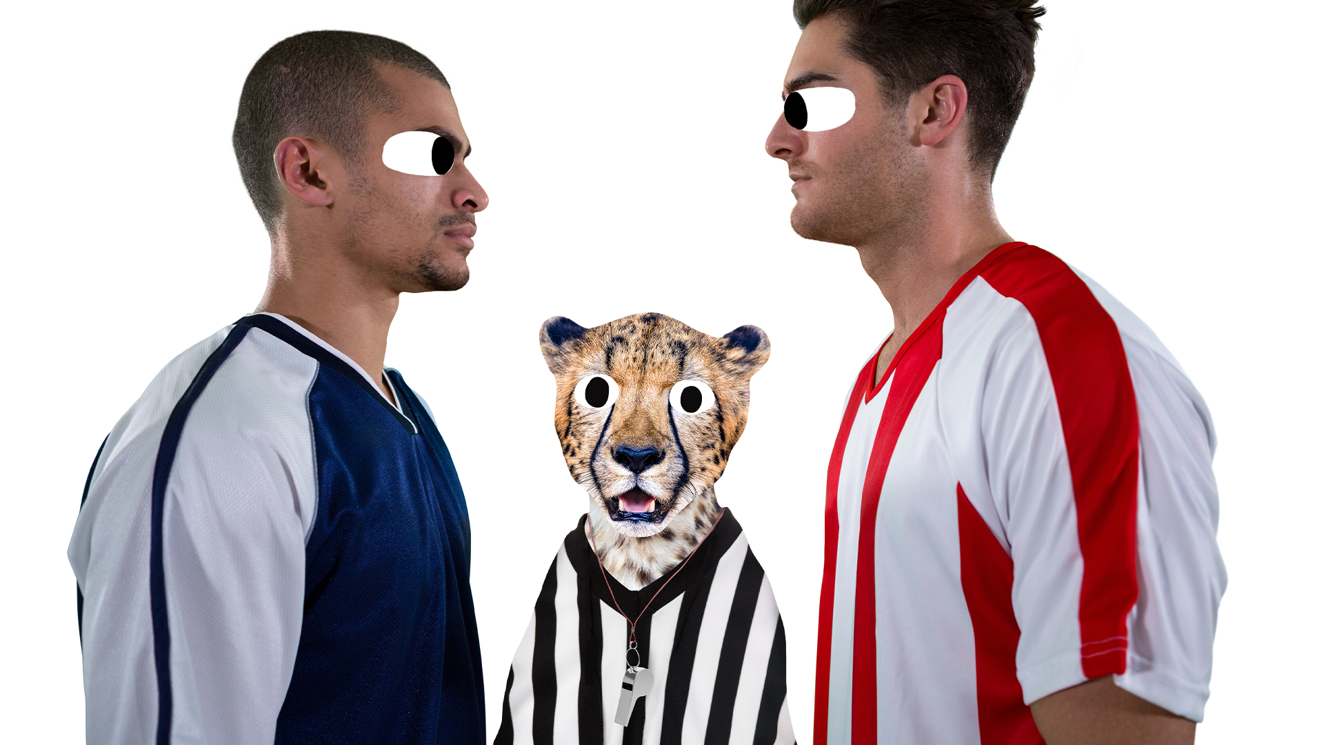 Two rival footballers on a white background with referee cheetah 