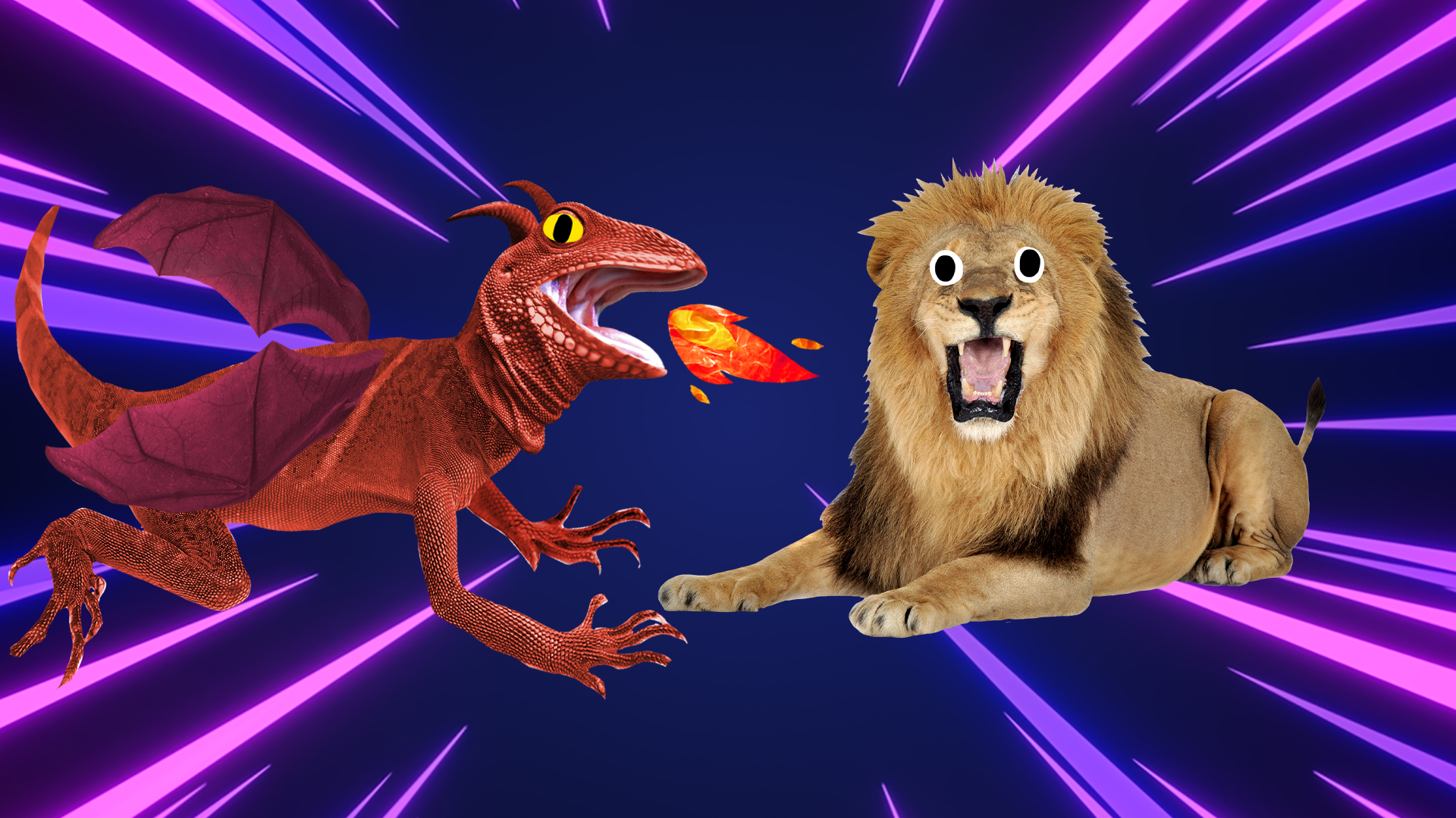 Dragon and lion on laser background