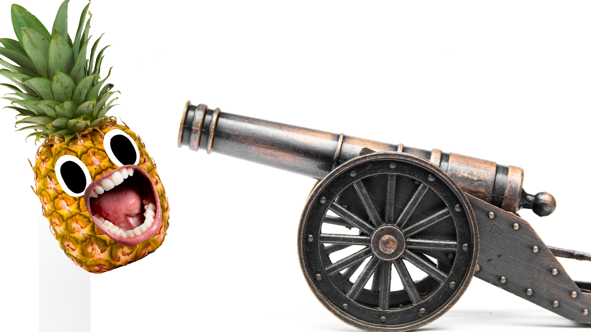 Cannon and screaming pineapple on white background