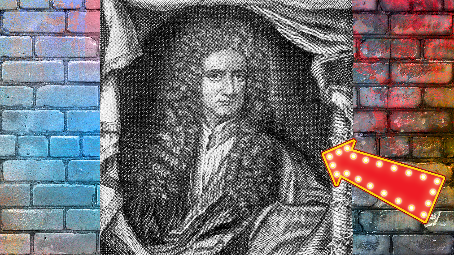 Engraving of Issac Newton on brick background with arrow