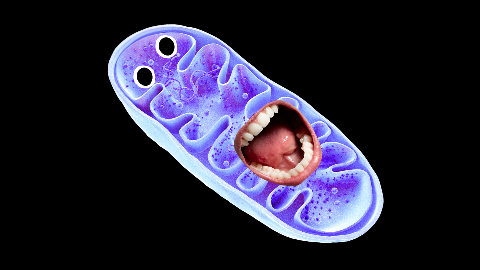 Mitochondria with goofy face on black background