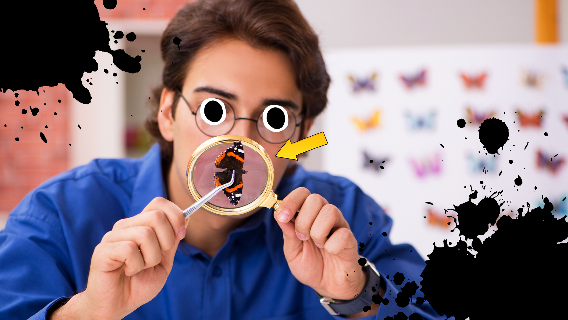 Man looking at butterfly through magnifying glass with arrow and black splatters