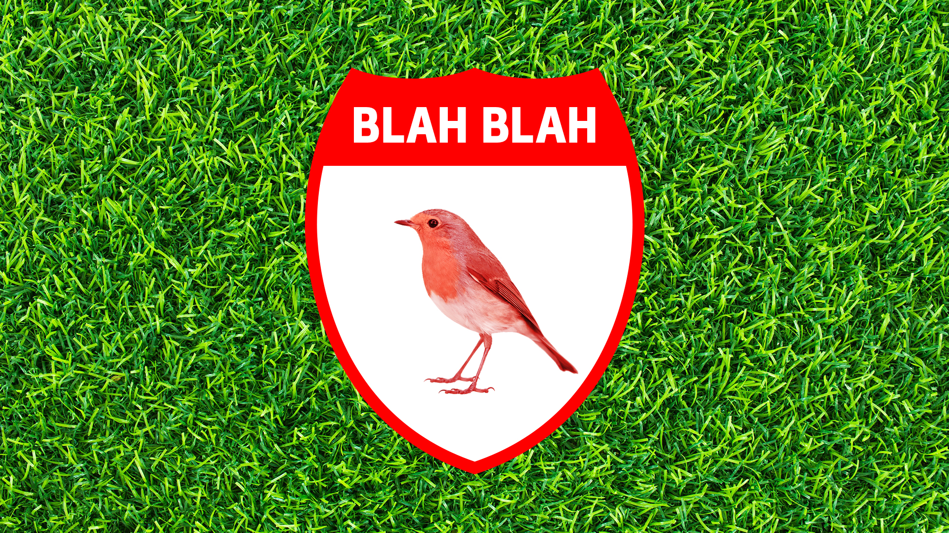 A robin on a badge which reads 'blah blah'