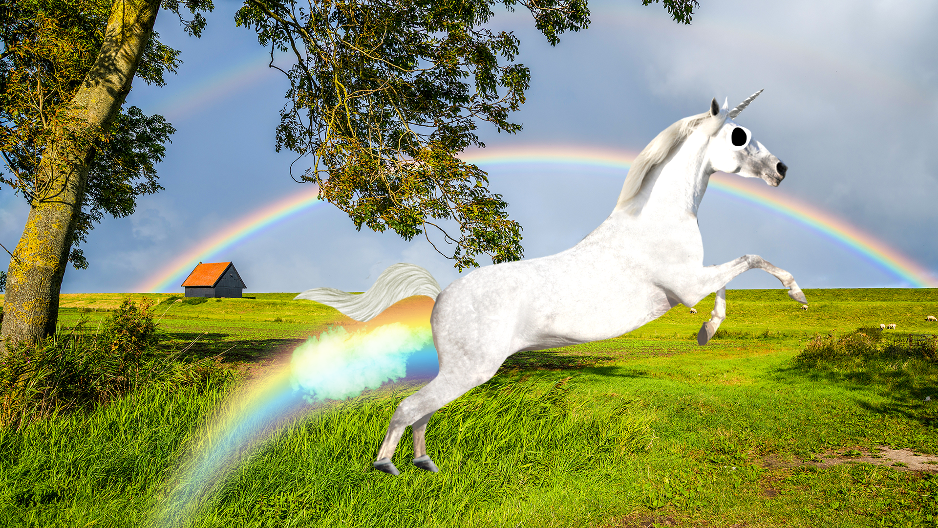 Landscape with rainbow and rainbow farting unicorn 