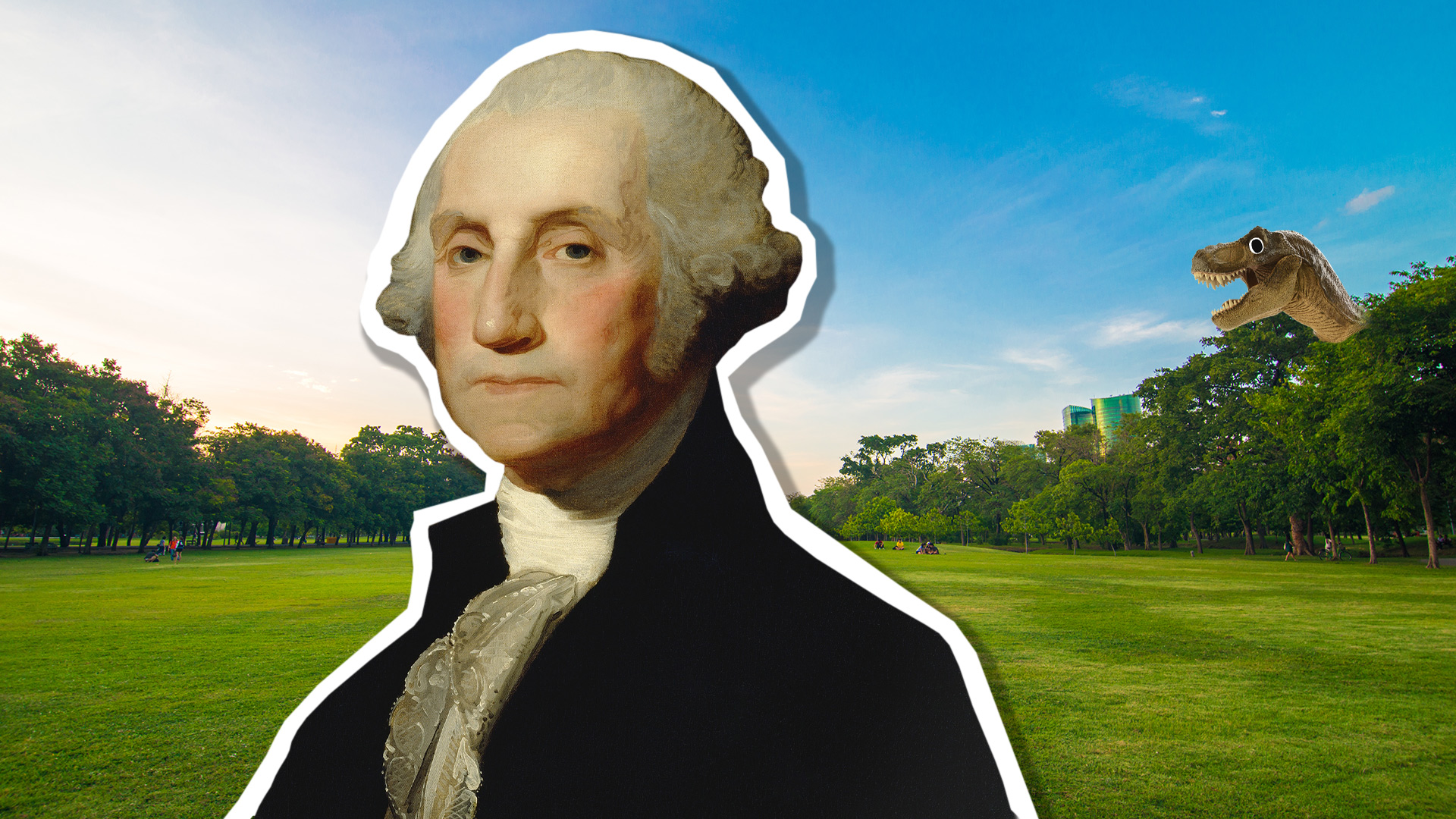 George Washington in a park with a dinosaur hiding in the trees
