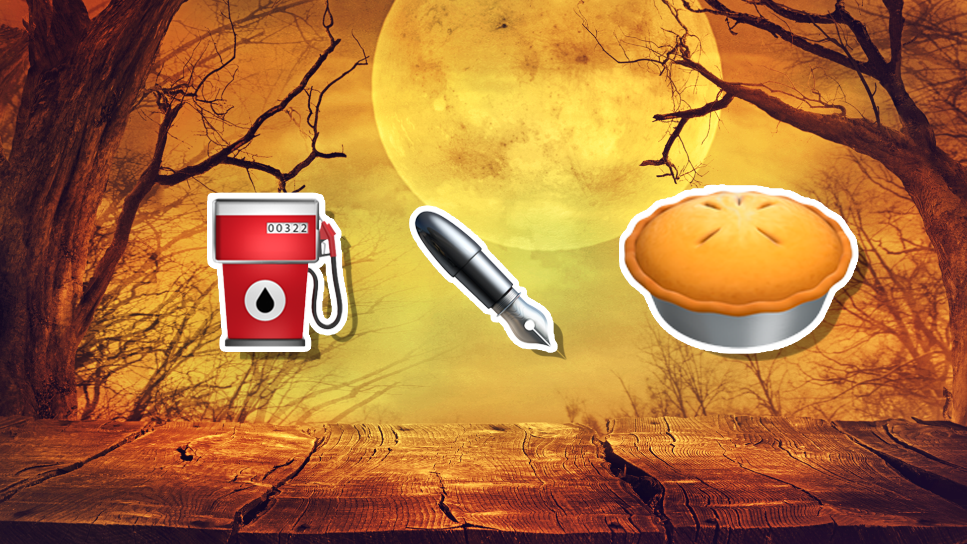 Halloween emojis with fuel nozzle, pen and pie