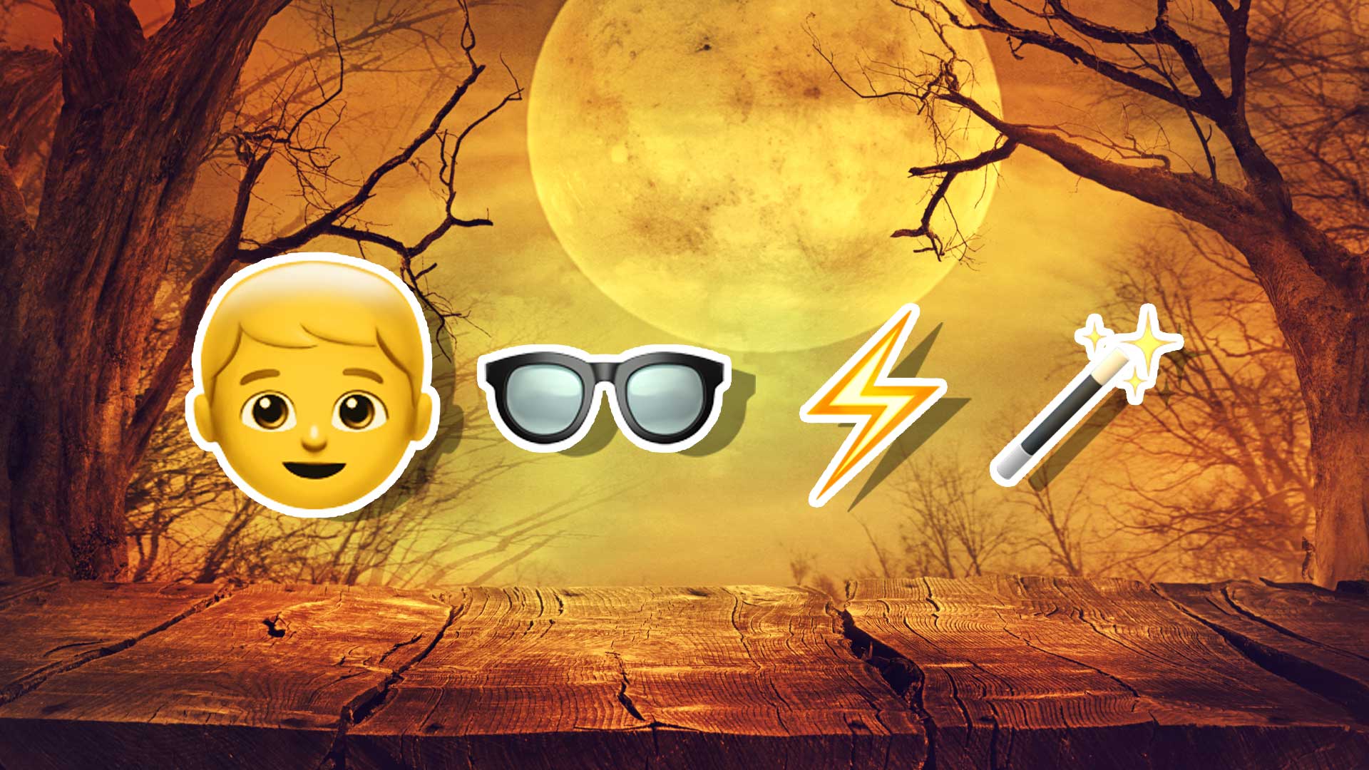 Halloween emojis including a boy, glasses,  lightning bolt and a magician's wand