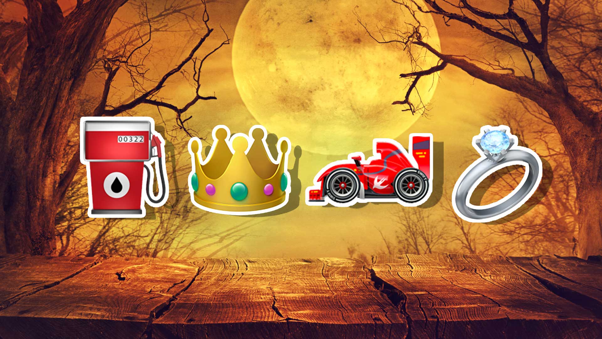 Halloween emojis including a petrol pump, race car, a crown, and a ring