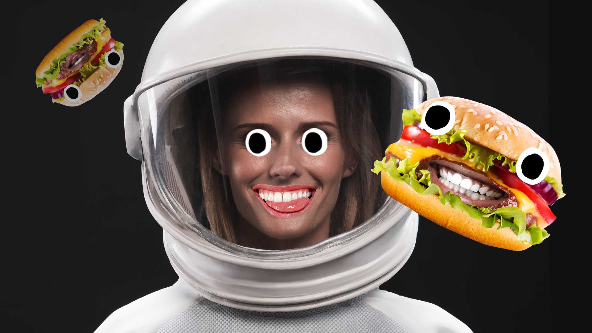 An astronaut surrounded by burgers