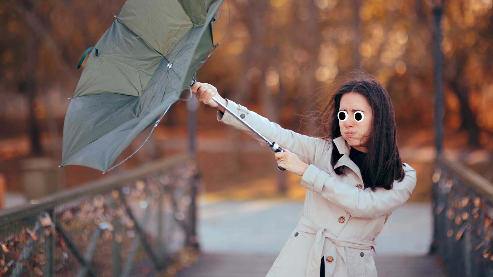 A person struggles to hold an umbrella up during a windy day