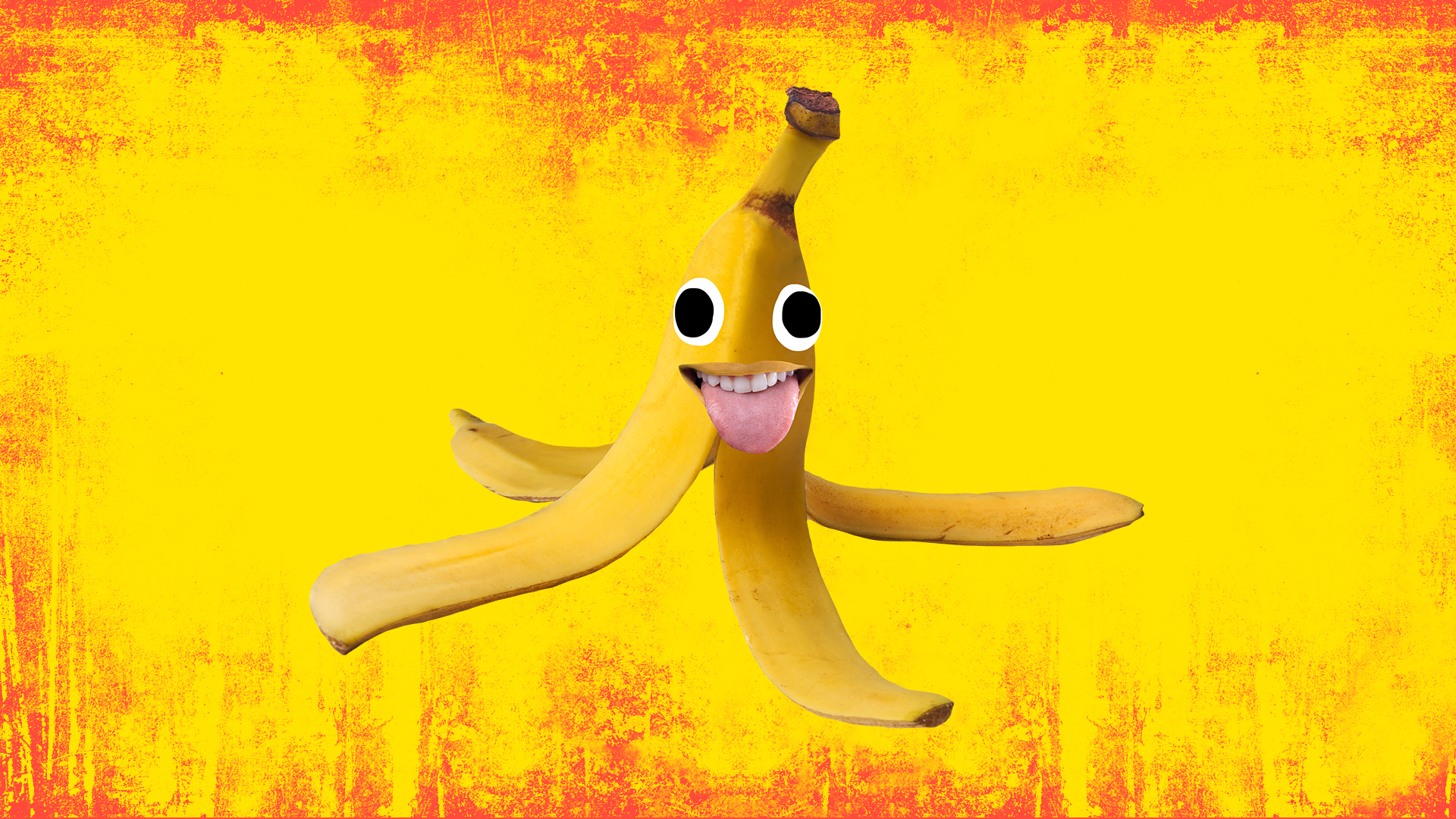 A banana laughing with its tongue sticking out