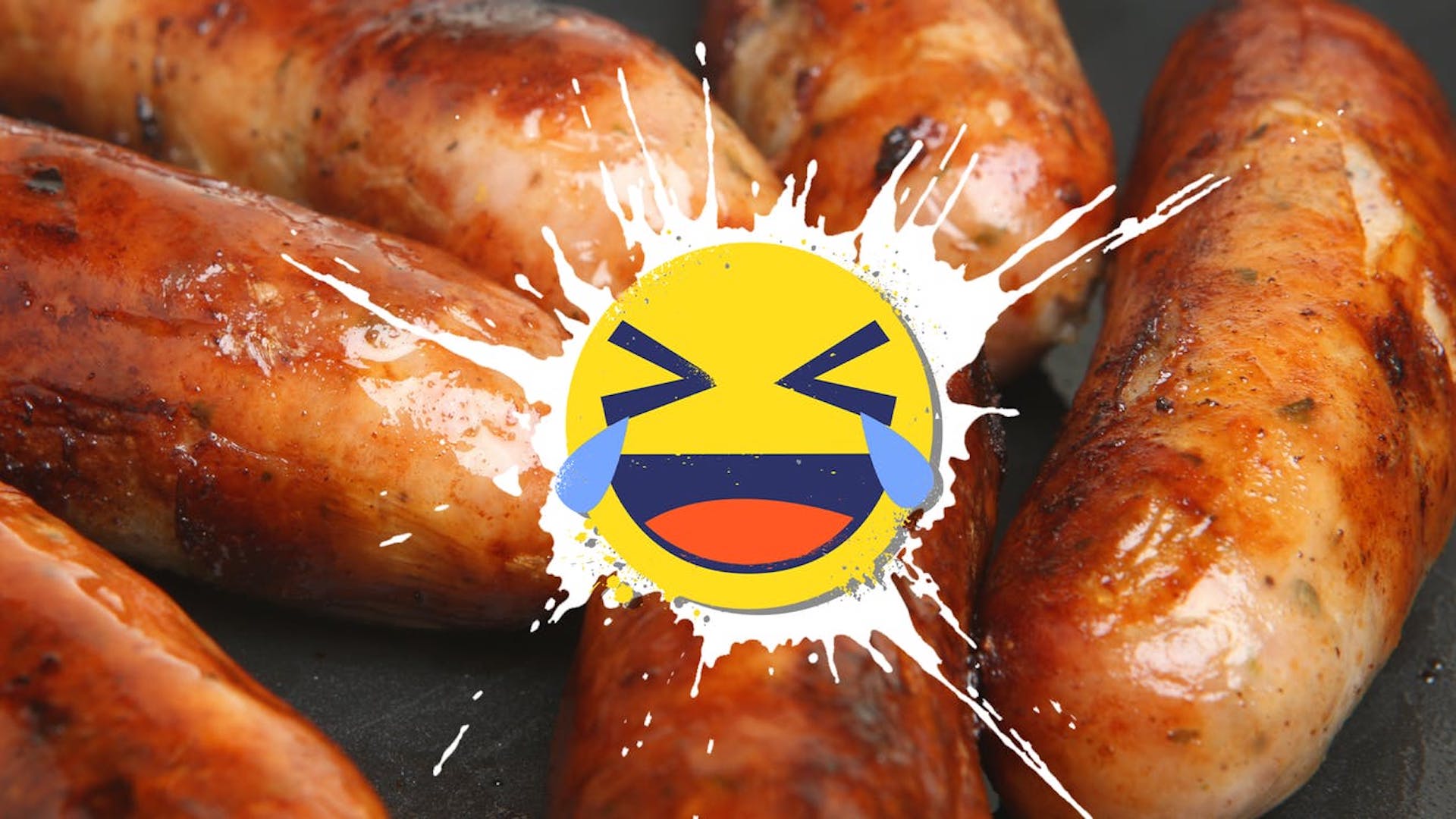 Laughing emoji over a line of sizzling sausages