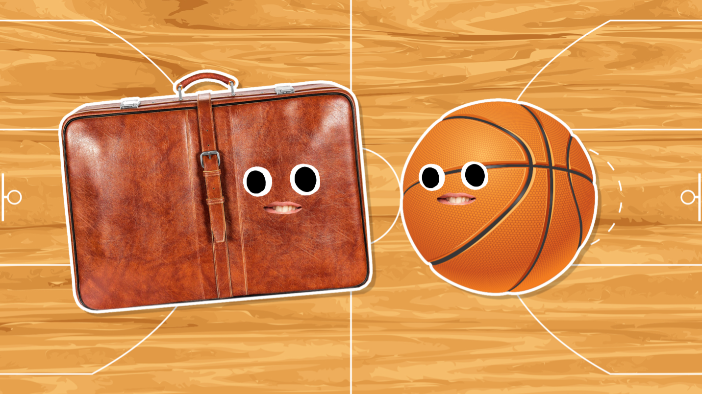 A basketball and an old suitcase